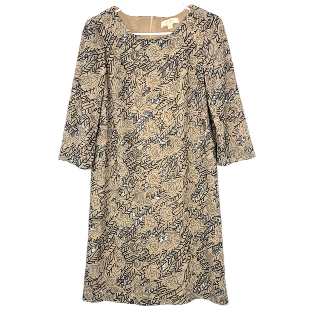 ERIN by Erin Fetherston Beige Black Sequin Floral Long Sleeve Shift Dress Size 4